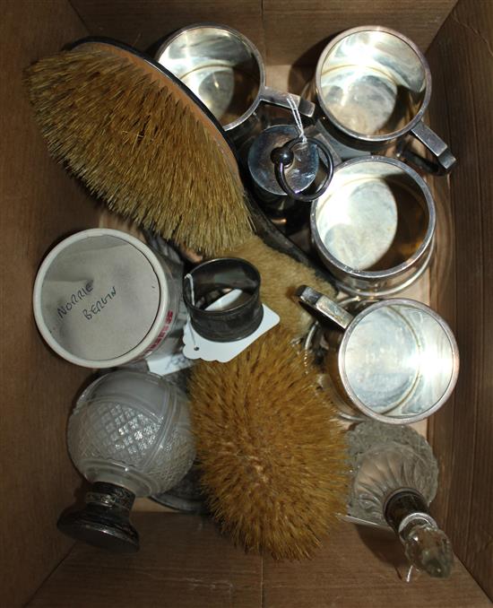 Nutmeg grinder, mixed silver brushes and plated mugs